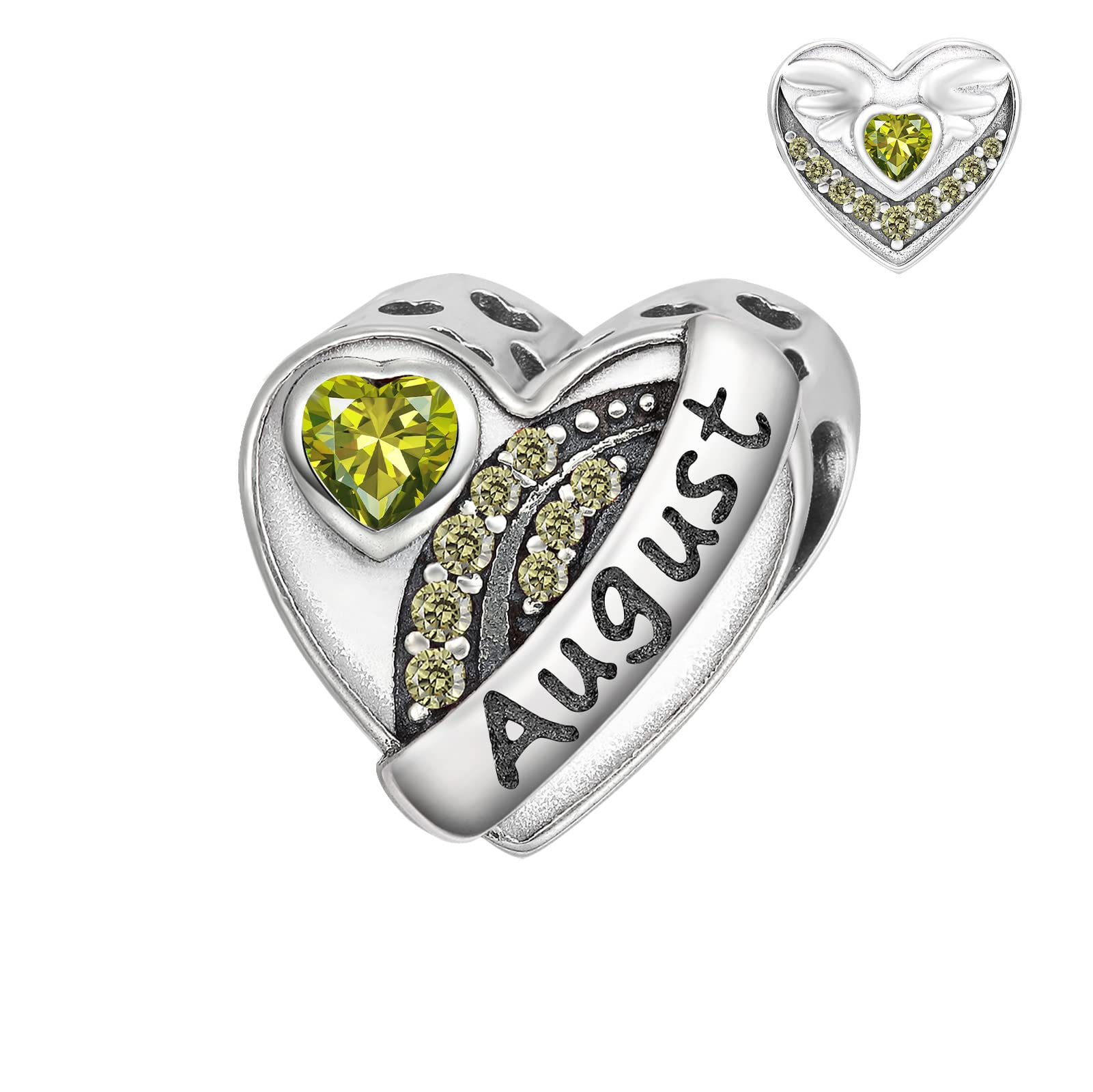 Qings August Birthstone Charms for Bracelet Sterling Silver 925 Love Heart Peridot Birth Stone Angle Wing Cubic Zirconia Bead Charm Fit for Bracelets Necklace Birthday Jewellery Gifts for Women Girl