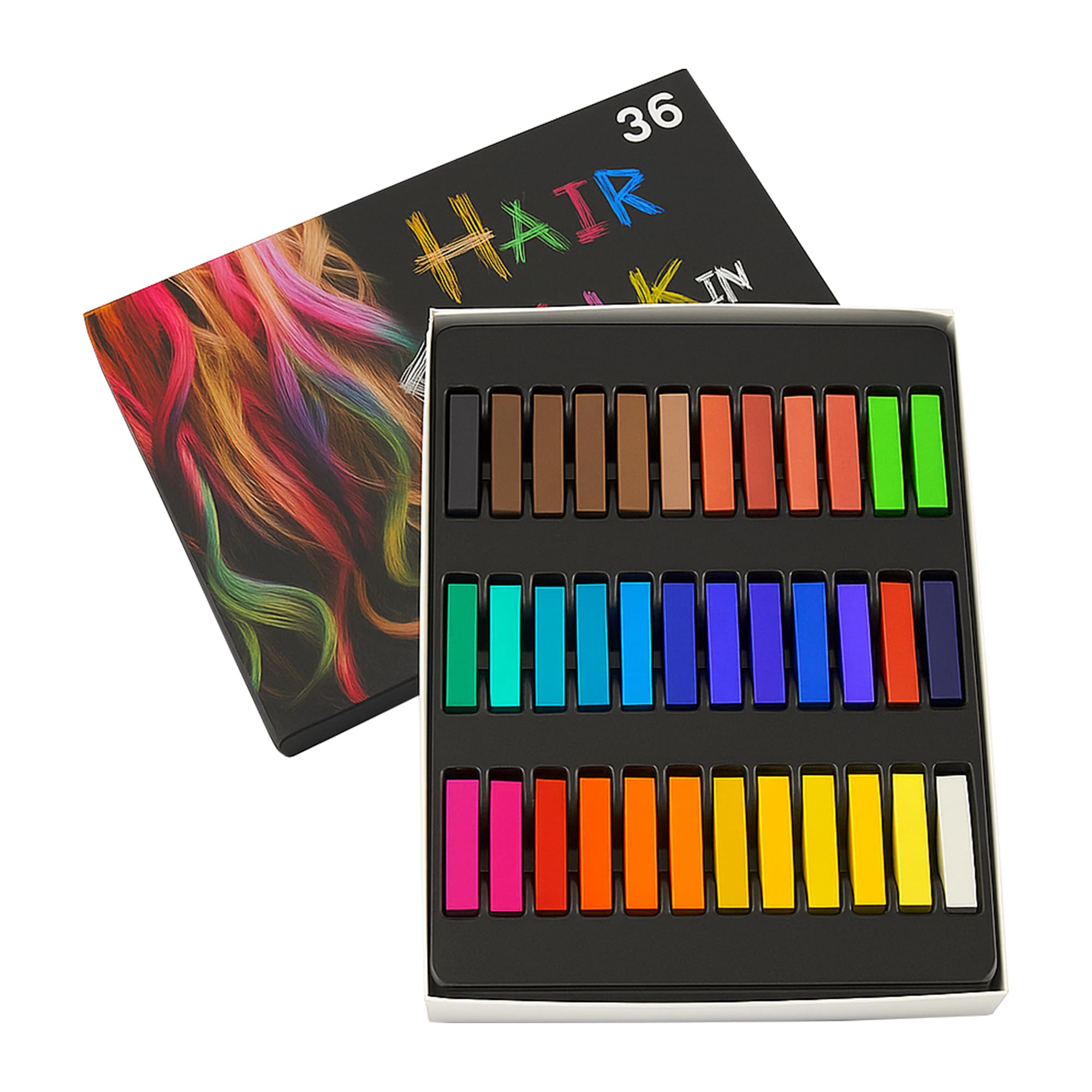 Trimming Shop 36pcs Washable Hair Chalk Sticks - Set of 36 Pastel & Bright Colours Temporary Hair Colour, Non-Sticky & Easy to Apply for Festival, Halloween, Birthday Party, Fancy Dress