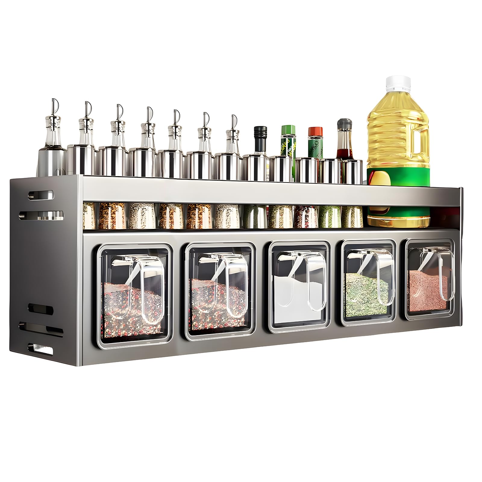 Photo 1 of Kitchen Spice Rack, Kitchen Organizer and Storage Rack with 5 Spoons, Spice Organization for Cabinets Punch-free Wall/Countertop Home Decor Multifunctional Double Layer 4 Grid Condiment Rack, Gray