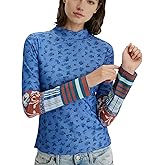 calbatic Women Waffle Knit Floral Print Cuffs Long Sleeve T Shirt Mock Neck Casual Fall Spring Tee Top