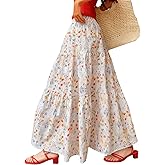 materasu Women's Elastic High Waist Pleated A-Line Flared Floral Maxi Skirts