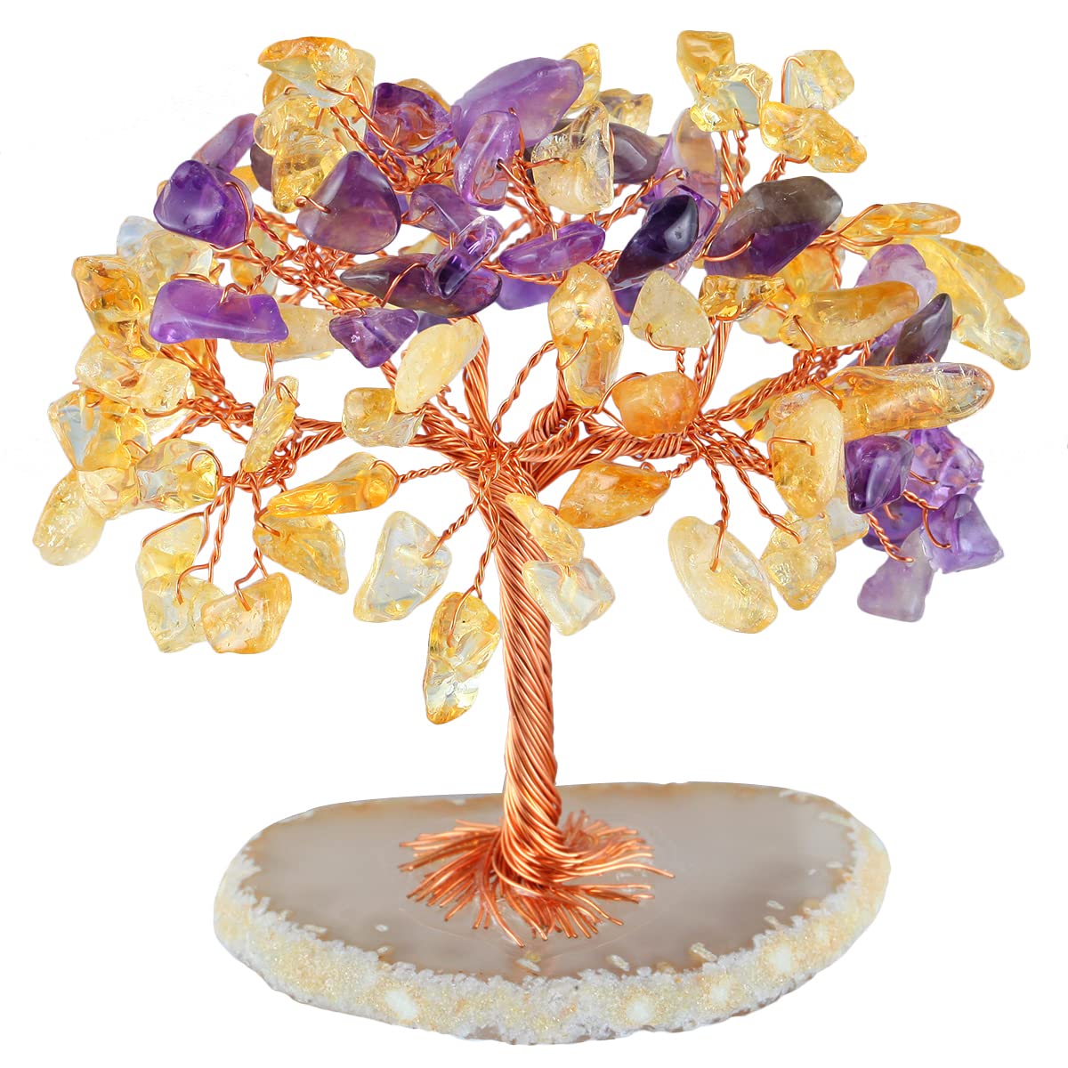 KYEYGWO Handmade Amethyst/Citrine Crystal Money Tree for Good Luck Wealth Health, Figurine Bonsai on Natural Agate Slab 2.3"-3" High