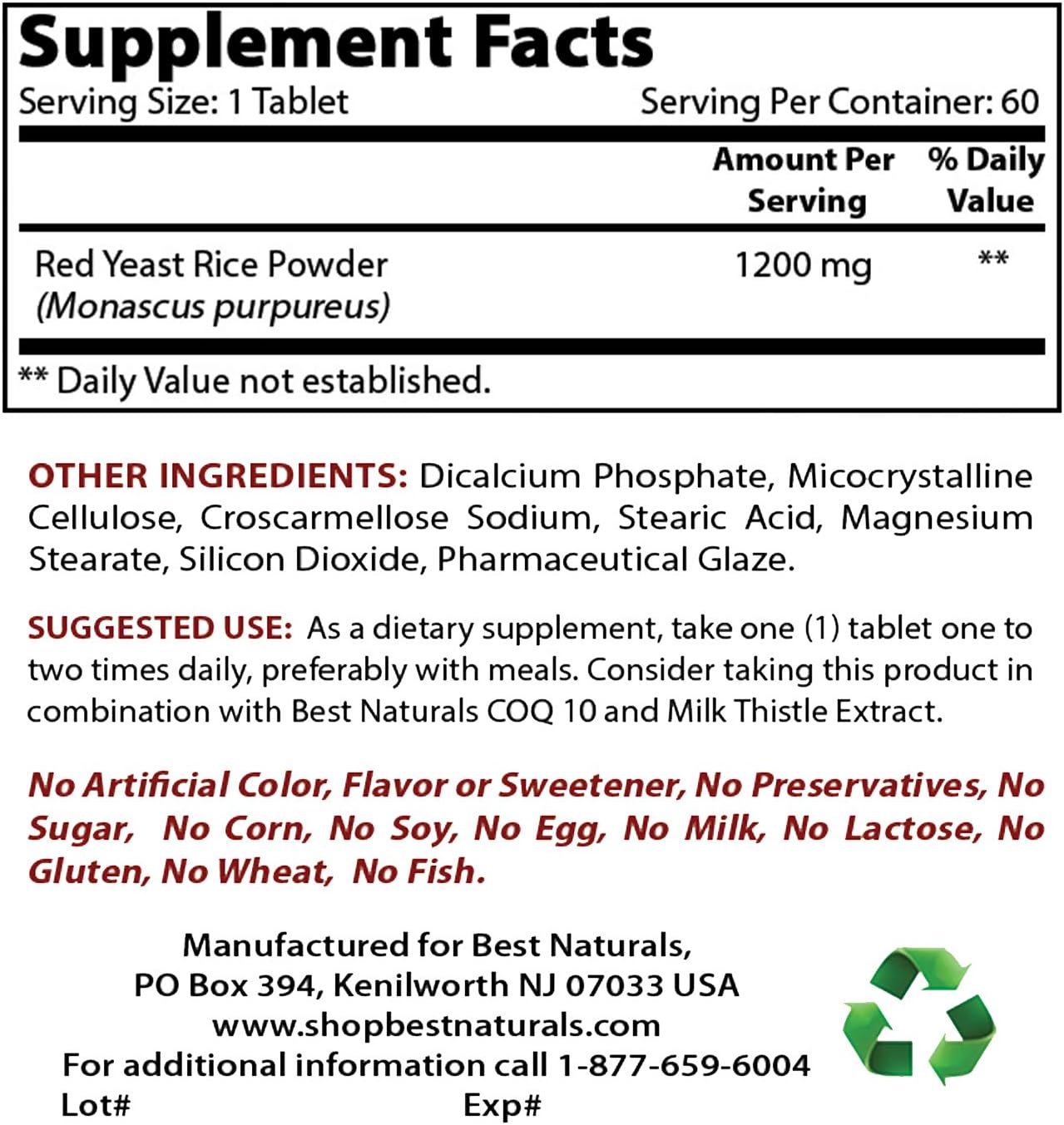 Best Naturals Red Yeast Rice 1200 Mg Tablet for Healthy Cholesterol Level, 60 Count (817716015859): Health & Personal Care