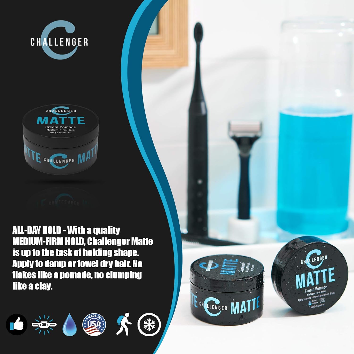Challenger Men’s Matte Cream Pomade, 3 Ounce | Natural Finish, Clean & Subtle Scent | Medium Firm Hold | Water Based & Travel Friendly. Hair Wax, Fiber, Clay, Paste All In One: Beauty