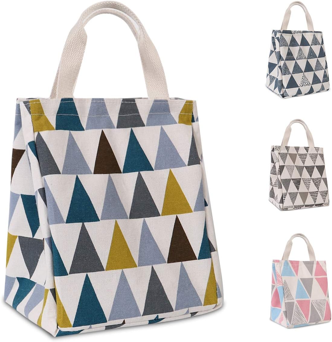 HOMESPON Reusable Lunch Bag Insulated Lunch Box Cute Canvas Fabric with Aluminum Foil, Printed Lunch Tote Handbag Fordable for Women,Men,School, Office (Triangle Pattern-Multi)