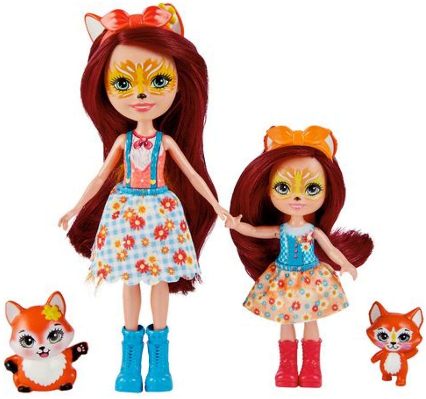 Enchantimals Family Set with 2 Sister Small Dolls & 2 Animal Figures, Felicity (6-inch) & Feana (4-inch) Fox Dolls in Removable Skirts & Accessories