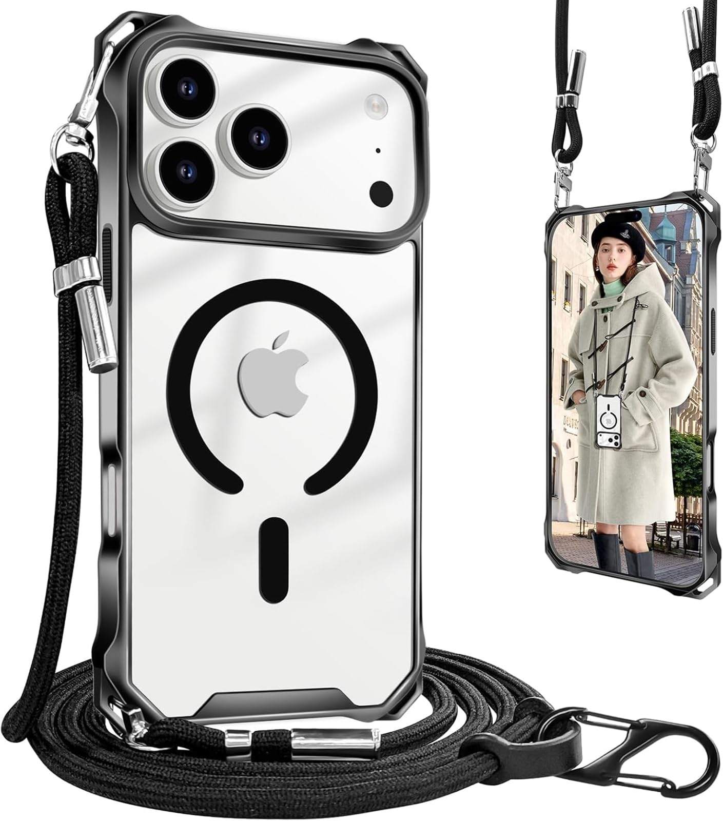 UnnFiko for iPhone 17 Pro Max Case Clear, Compatible with Magsafe, Crossbody Phone Case with Shoulder Strap, Shockproof Drop Protection, Magnetic Phone Case for iPhone 17 Pro Max (Black)