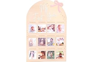 FLHRSM My First Year Photo Frame Board, 1st Birthday Girl Boy Gifts, Newborn Newmom Gift, 1 Year Old Girls Gifts, One Year Birthday Party Decorations, Baby Shower Baptism Favors, 12 Months Milestone