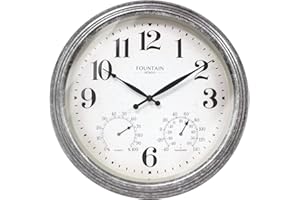 FOUNTAIN DESIGNS Maison in/Outdoor Clock with Thermometer, 2 in One Weather Station (Weather Thermometer/Wall Decoration) (Galvanized, 18 inch)