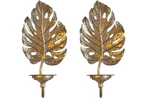 TerkCo Gold Metal Wall Candle Scones, Set of Two Retro Monstera Leaf Candle Holders, 3inch Pillar Holders for Dining Room& Living Room Decor (Gold Candle Sonce 1)