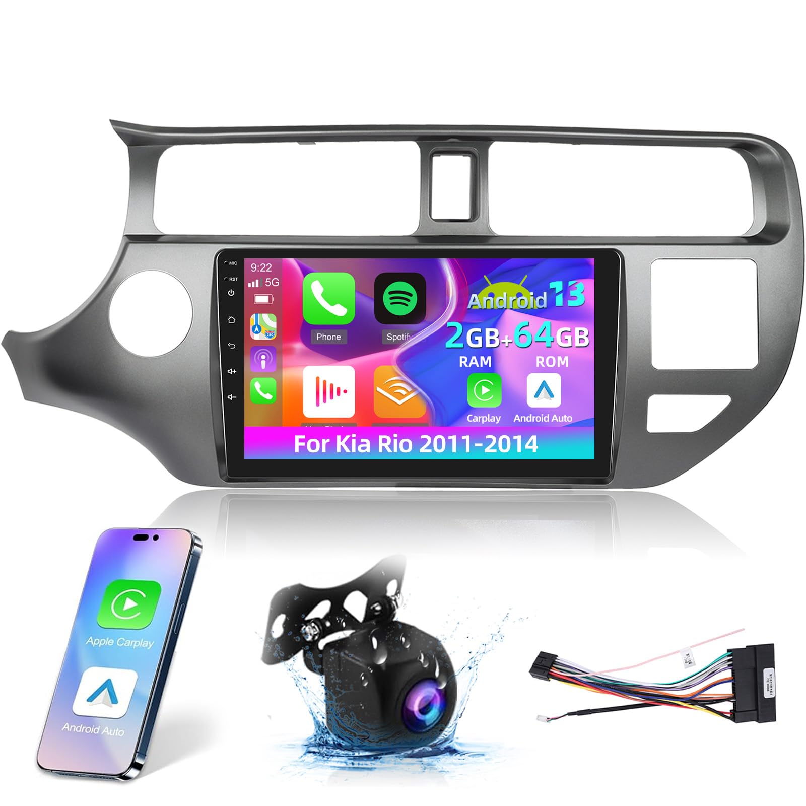 Photo 1 of [2+64G] Car Stereo for Kia Rio 2011-2014 - 9 inch HD Touchscreen Android 13 Radio - Wireless Carplay and Android Auto, WiFi, GPS, Mirror Link, EQ Audio, FM/RDS Radio, SWC + AHD Backup Camera