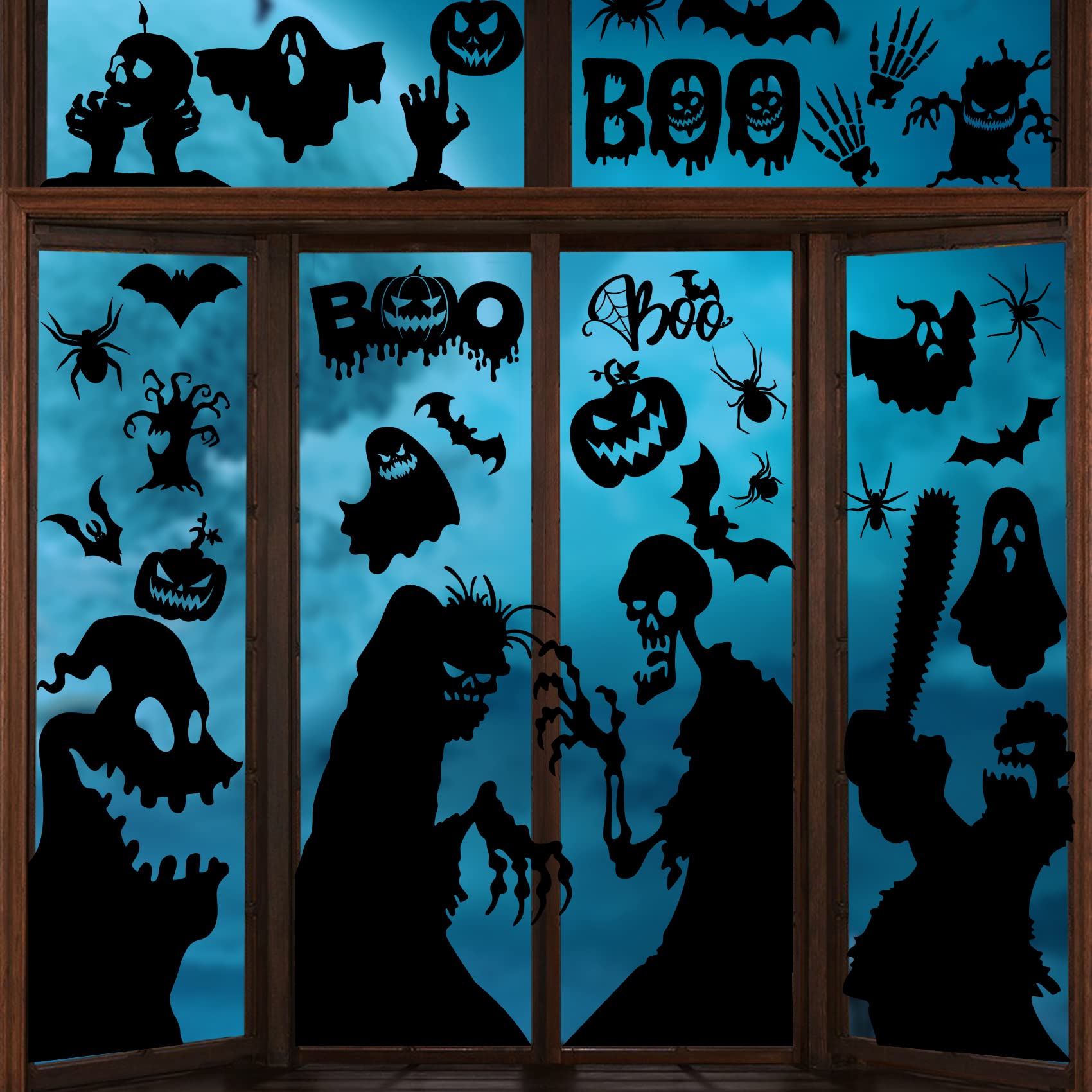 Photo 1 of Joy Bang Halloween Window Clings Decor for Halloween Decorations, Large Scary Window Silhouette Stickers Decals Spooky Monster Zombie Clings for Party Decorations Indoor