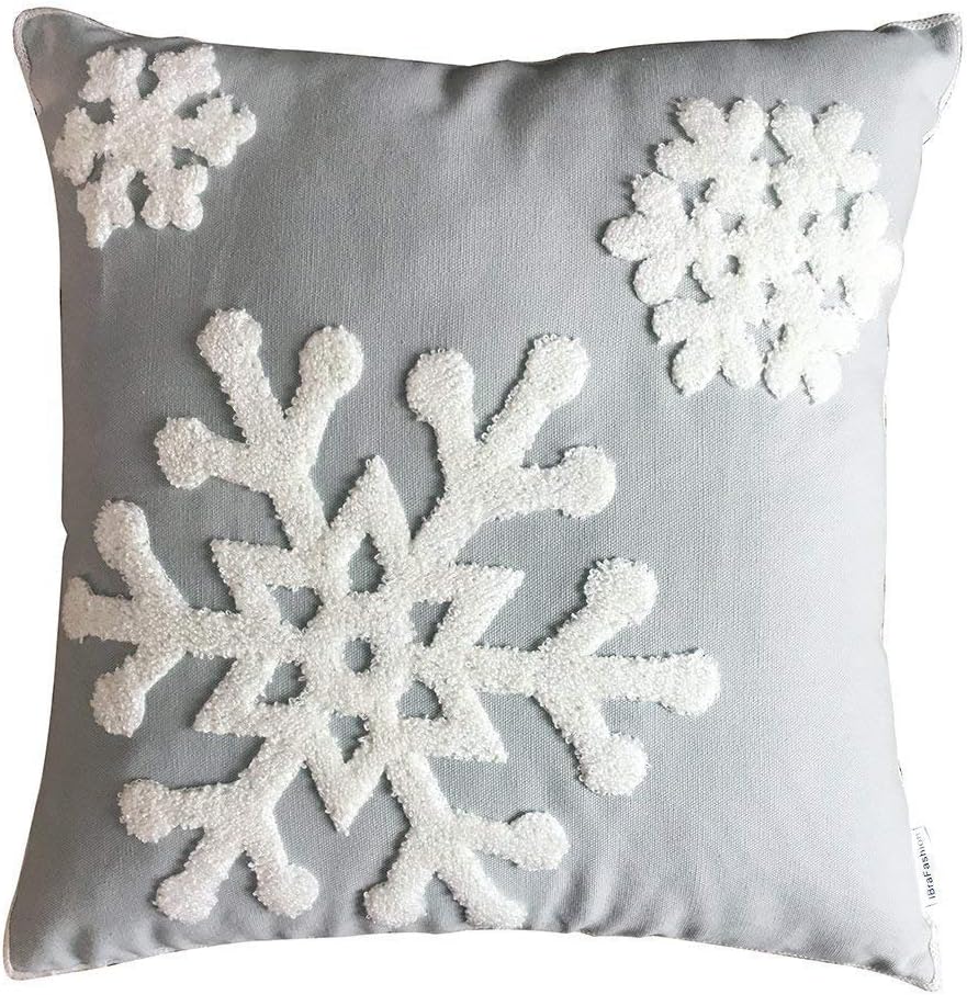 Elife Soft Square Christmas Snowflake Home Decorative Canvas Cotton Embroidery Throw Pillow Covers 18x18 Cushion Covers Pillowcases for Sofa Bed Chair (1Pcs, Grey)