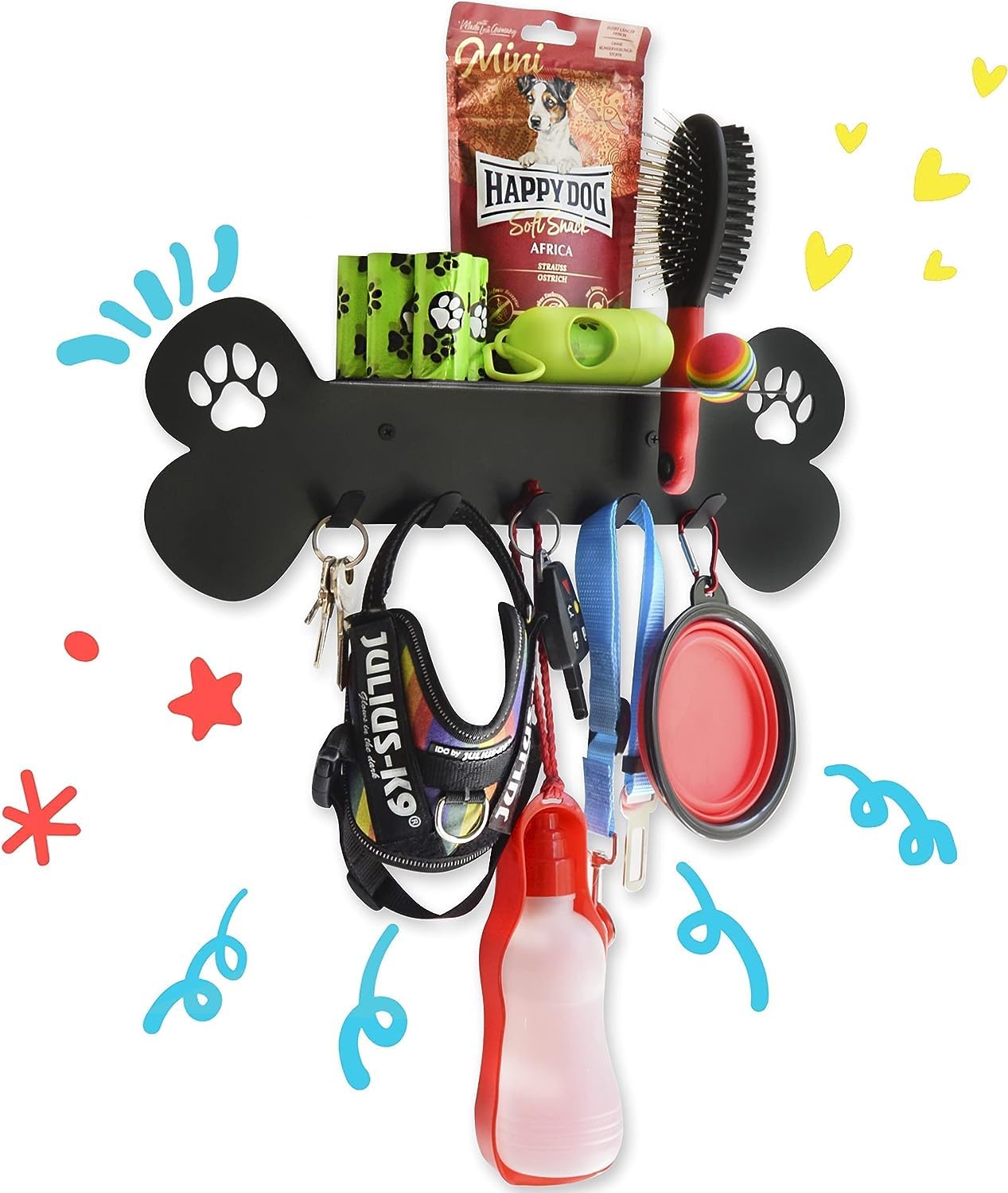 Dog Wall Coat Rack with Shelf and Space for Walking Accessories and Hygiene, 100% Carbon Steel