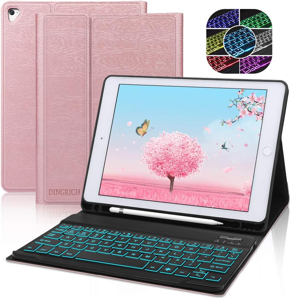 Keyboard Case for iPad 9.7 2017(Gen 5),Detachable Keyboard for iPad 9.7 2018 (Gen 6),Dingrich Bluetooth Wireless Keyboard Cover with 7 color Backlit for iPad Air/iPad Air 2 / iPad Pro 9.7,Rose Gold