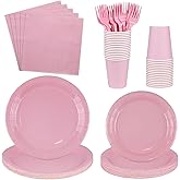 150Pcs Pink Paper Plates Set for 30 Guests - Disposable Plates with 9oz Cups, Dinner Napkins & Forks, Pink Party Supplies for Baby Shower, Birthday, Bridal Shower, Wedding, Gender Reveal