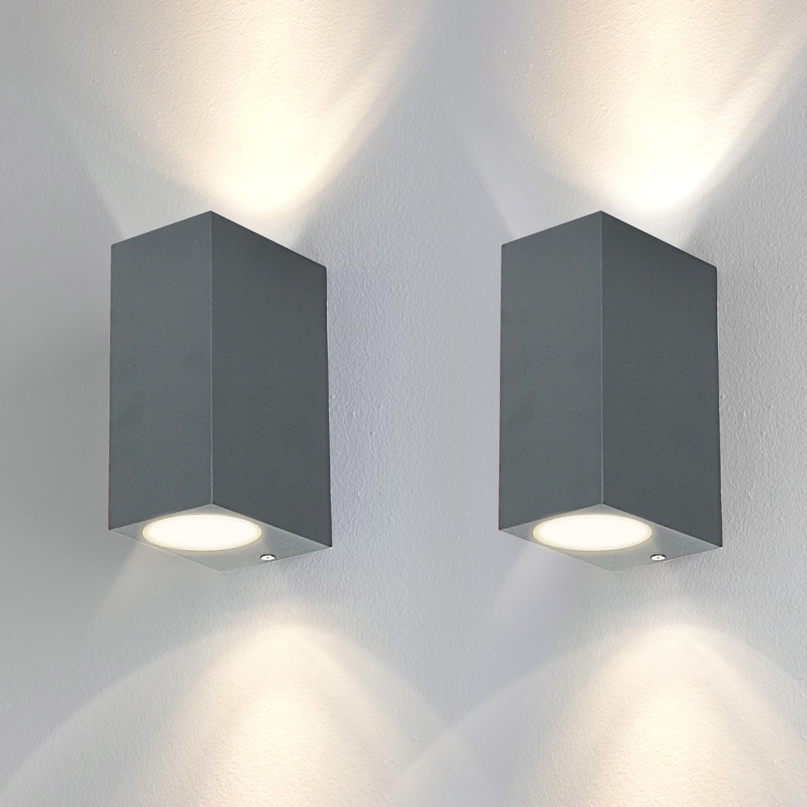 Kerry 2 Pack Outdoor Wall Lights, Outside Wall Light Mains Powered, Up Down External Lighting, IP44 Waterproof Anthracite Modern Rectangle Lamp, Gu10 Wall Mounted Garden Lights for Front Door(No Bulb)