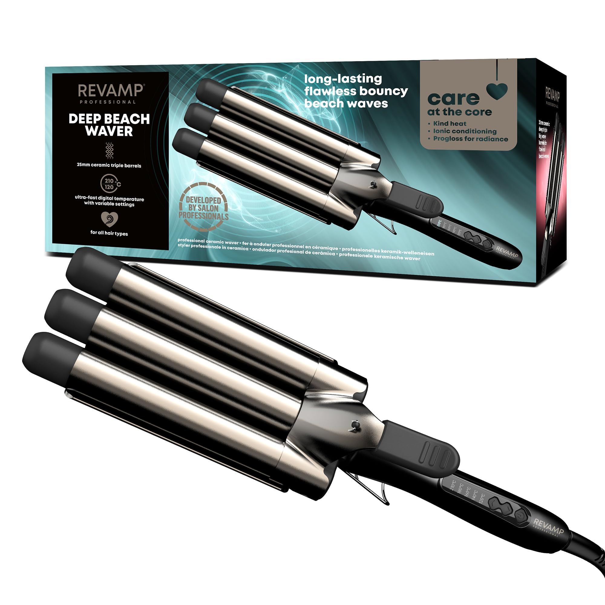 REVAMP Deep Beach Waver - Triple Barrel Hair Waver, Professional Ceramic Barrel Infused with Progloss Enhanced Shine Oils, Fast Heat Mermaid Beach Waves Hair Curler for Short, Medium, Long Hair Types