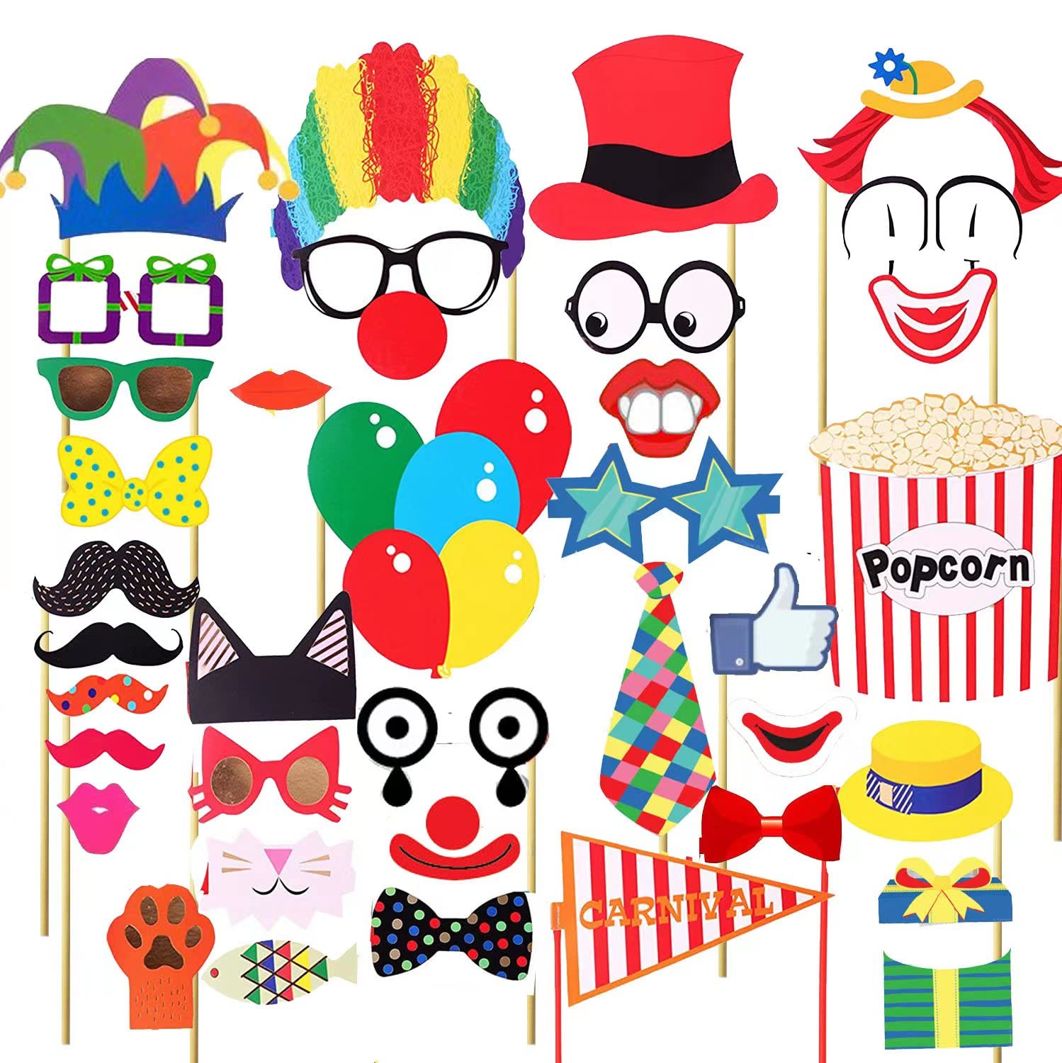 36pcs Carnival Party Photo Booth Props - Fun DIY Circus Party Decorations for Carnivals, Weddings, Birthdays and Graduations