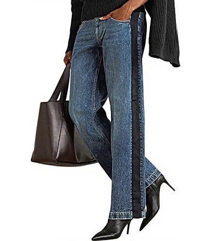 Huang's Women's High-Rise Wide Leg Jeans with Side Stripe, Medium
