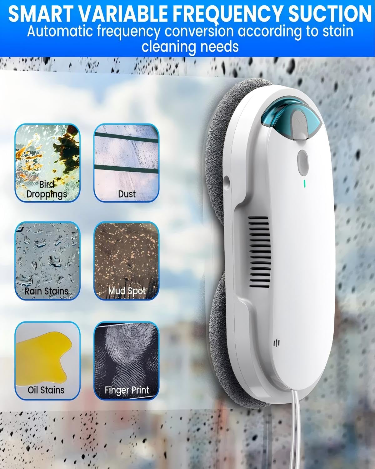 Robot limpiador de ventanas inteligente HIXZAP con pulverizador ultrasónico bidireccional y tanque de 85 ml - Detección automática de bordes, succión fuerte de 2400-3200 pa, protección anticaída para una limpieza sin esfuerzo