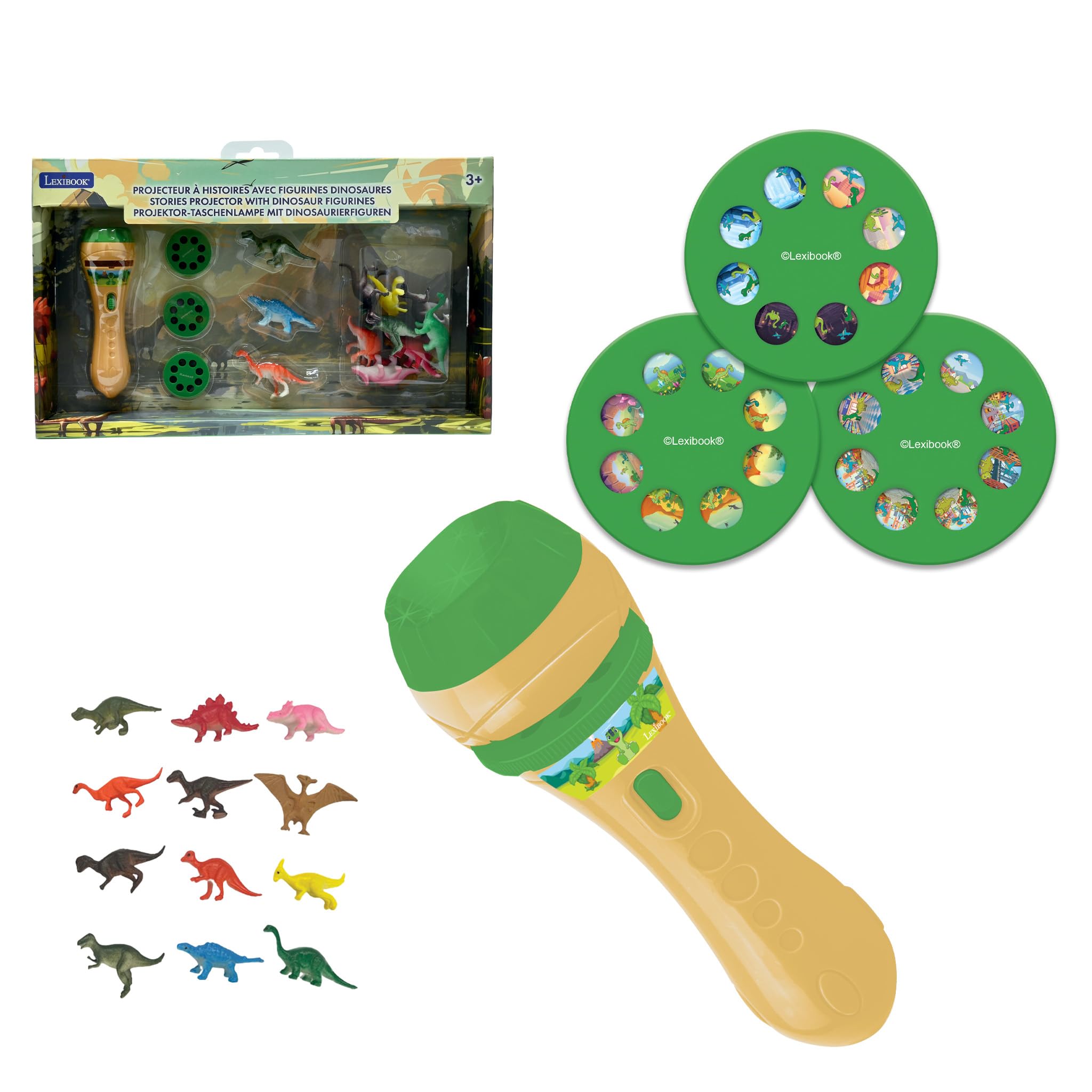 LEXIBOOK, Stories projector and torch light, Create up to 3 stories with 24 images of dinosaurs, 12 dinosaur figurines included, Yellow/green, LTC045Z