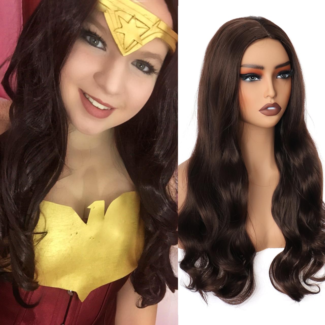 PORSMEER Long Dark Brown Wavy Synthetic Hair Wigs for Women Girls Anime Fancy Dress Costume Halloween Party Cosplay Wig 27 inch Long Replacement Full Wig with Middle Part — image 1