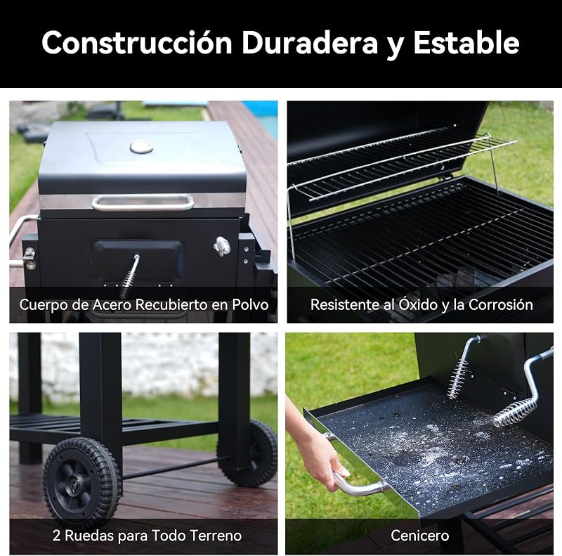 Barbacoa de Carbón, Parrilla con Tapa de Acero de 56×42,5 cm, Bandeja Ajustable en Altura, Mesa Lateral Plegable, Incluye Funda