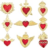 SUNNYCLUE 18Pcs 9 Styles Gold Heart Charms Bulk Sacred Heart Charms Alloy Metal Enamel Red Mexico Western Gothic Love with Wings Pendants for Jewelry Making Craft Necklace Bracelet Women Adult