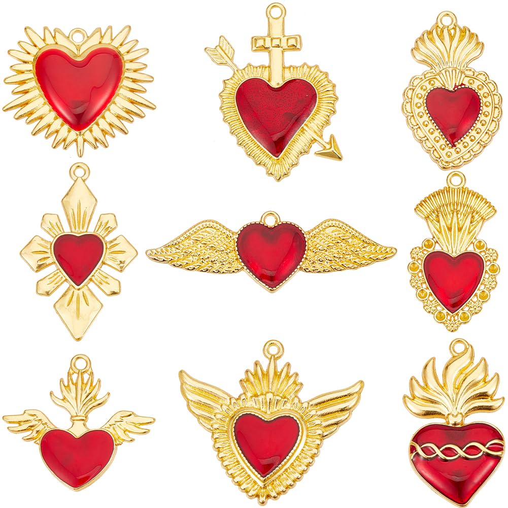 SUNNYCLUE 18Pcs 9 Styles Valentines Day Gold Heart Charms Bulk Sacred Heart Charms Alloy Enamel Red Mexico Western Gothic Hearts with Wings Charm for jewellery Making Craft Necklace Bracelet Women