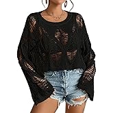 Vinsekep Womens Gothic Short Sweaters Oversized Punk Goth Sweater Long Bell Sleeve Knitting Crop Tops US Size S-XL