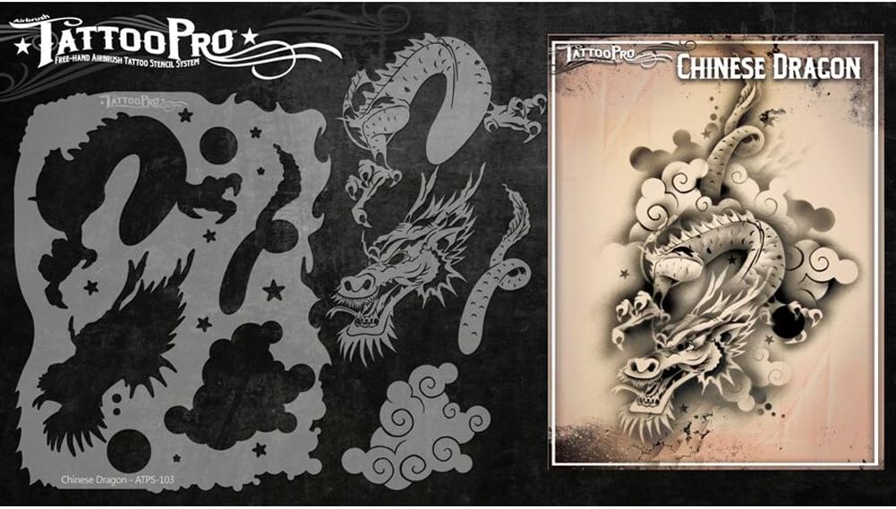 Tattoo Pro Airbrush Stencil Series 1 - Chinese Dragon, Mylar Airbrush Tattoo Template, Reusable Face Paint Stencil