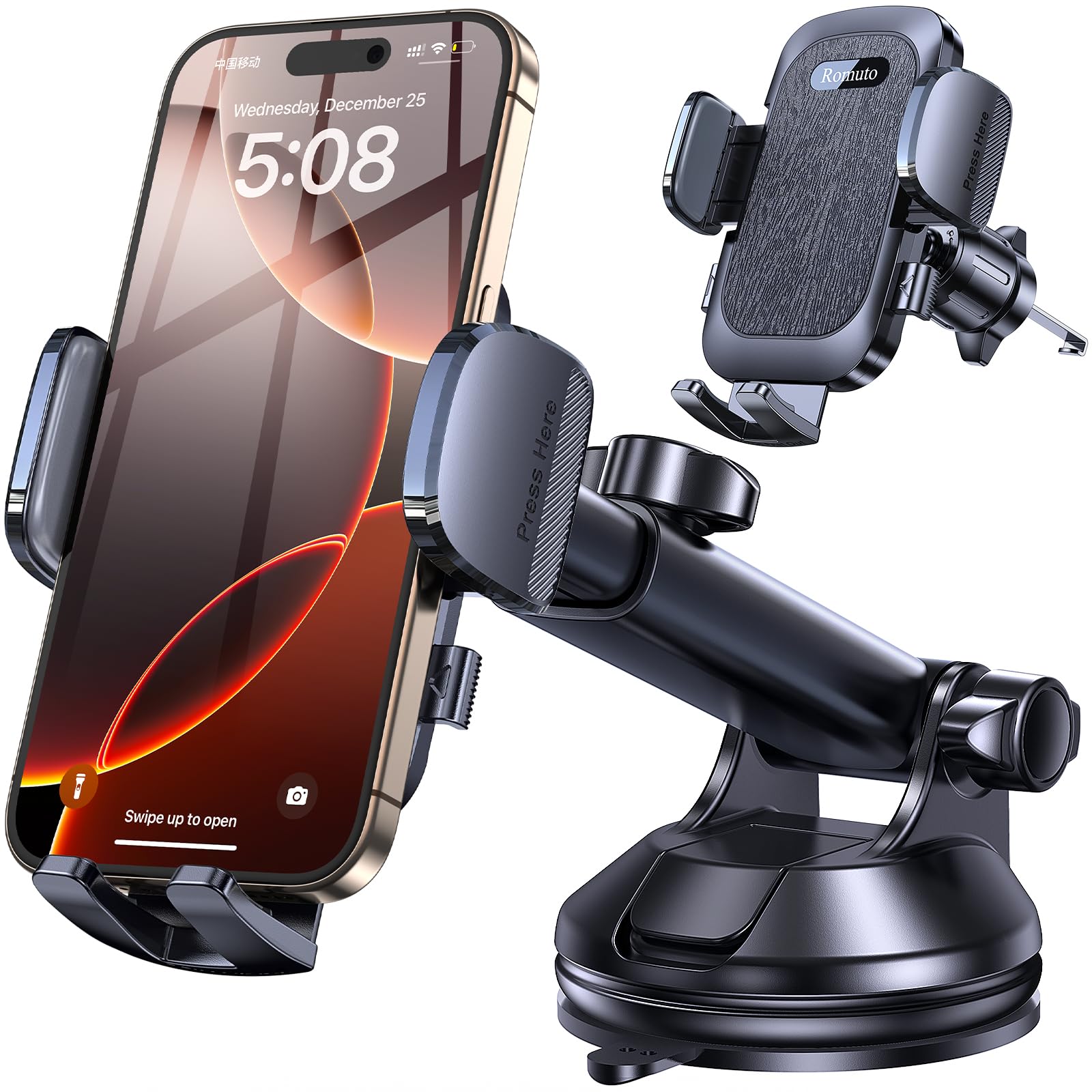 Romuto Car Phone Holder Mount【Strongest Suction】 Phone Mount for Car Cell Phone Holders for Your Car Accessories for Women Men Dashboard/Windshield/Vent/Camera Mounts Stand Holder for iPhone Samsung