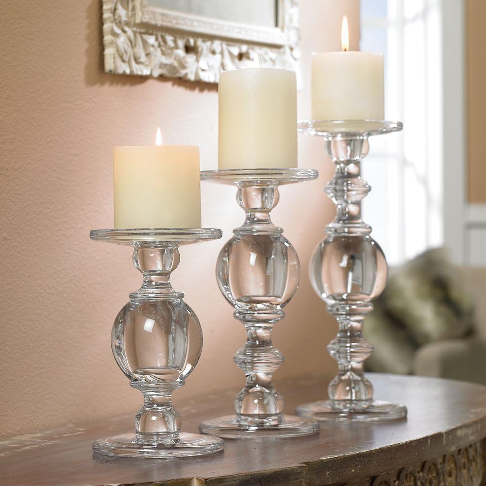 Signals Glass Pillar Candle Holders - Set of 3 Clear Solid Glass Baluster Candleholders for 3" Pillar Candles - Stands 7"H to 11"H: Home & Kitchen