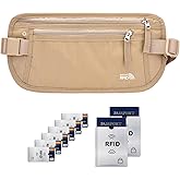 Unisex Money Belt with RFID Blocking Sleeves, Slim Passport Holder RFID Blocking Travel Essentials, Waist Pouch to Protect Cash, Beige & 6 Sleeves
