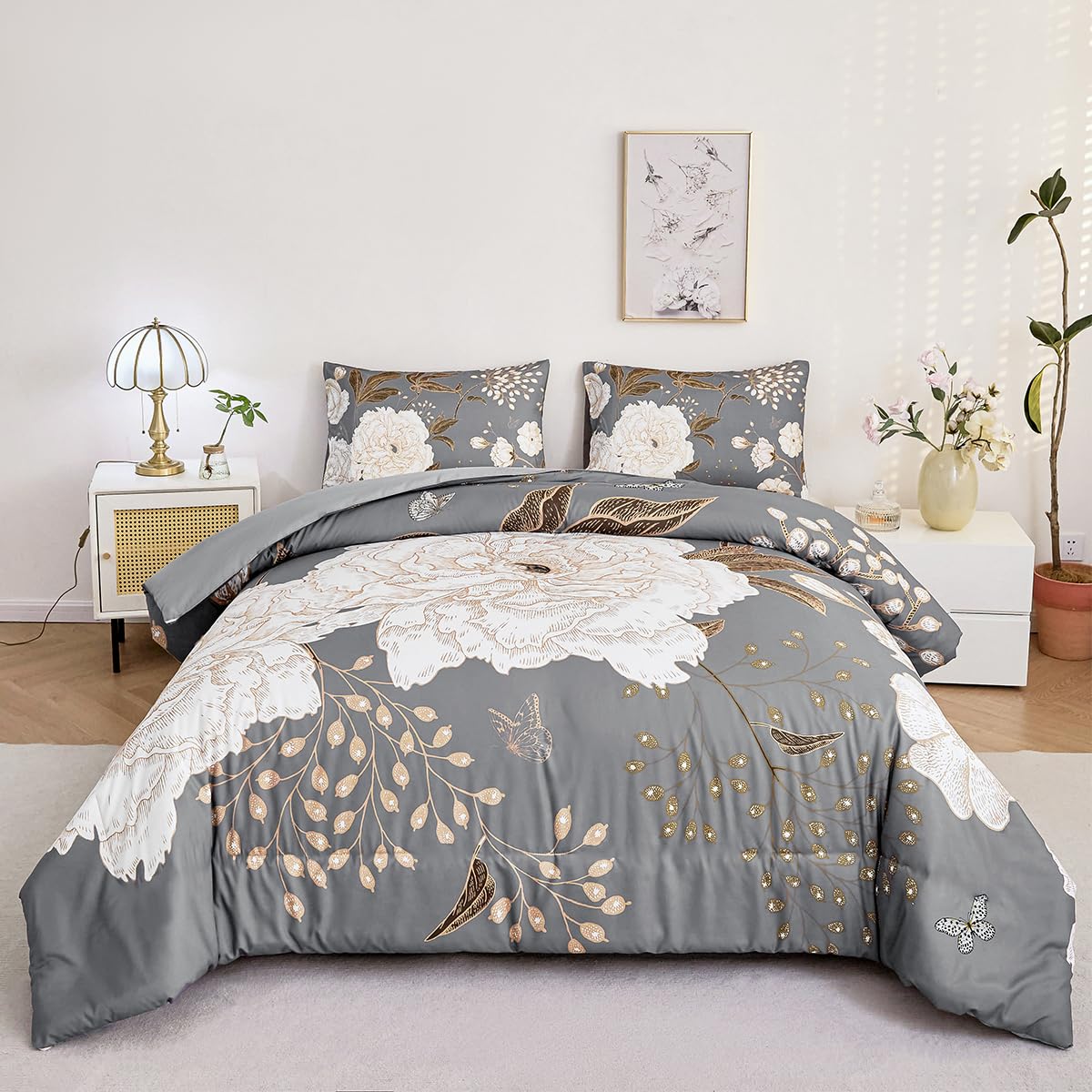 STYHO Floral King Duvet Cover Set Dark Grey 3Pcs Large White Flowers Bed Cover with Gold Leaves Soft Stylish Botanical Butterfly Theme Quilt Cover Bedding Sets(Dark Grey, King)