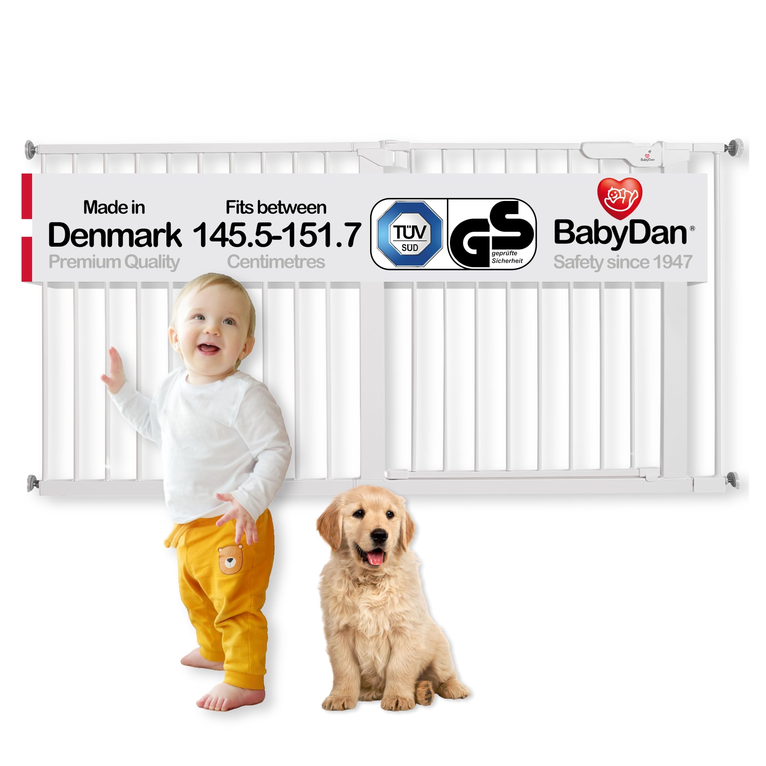 BabyDan Premier, Extra Wide Pressure Fit Stair Gate, 145.5-151.7 cm, Baby Gate/Safety Gate, Metal, White, Made in Denmark - (Pet Gate/Dog gate)