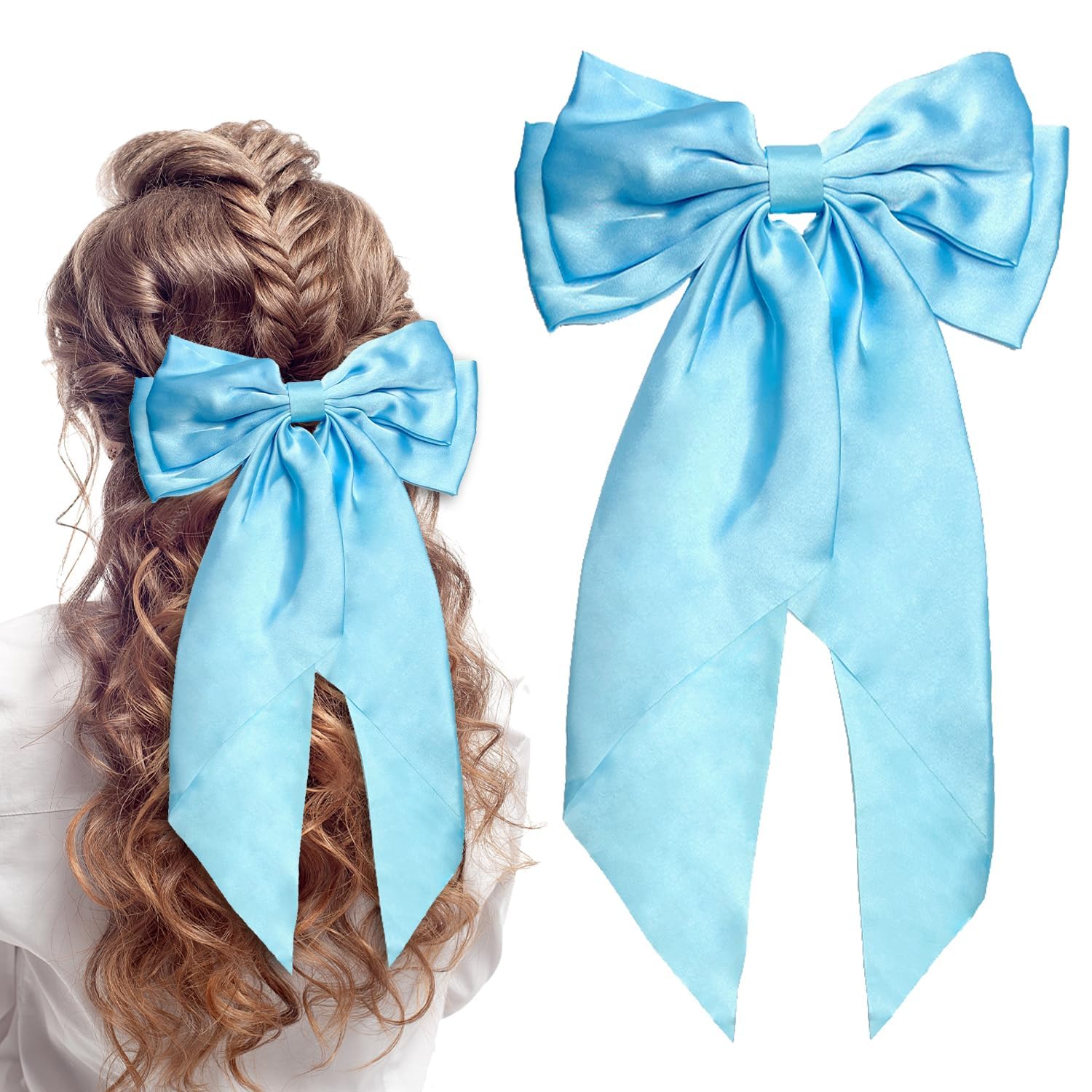 LECTNORE Sky Blue Hair Bow - Large Bowknot Hair Clip for Women, Satin Silky Ribbons with Long Tail, French Barrette Hair Accessory for Girls Ponytail Holder