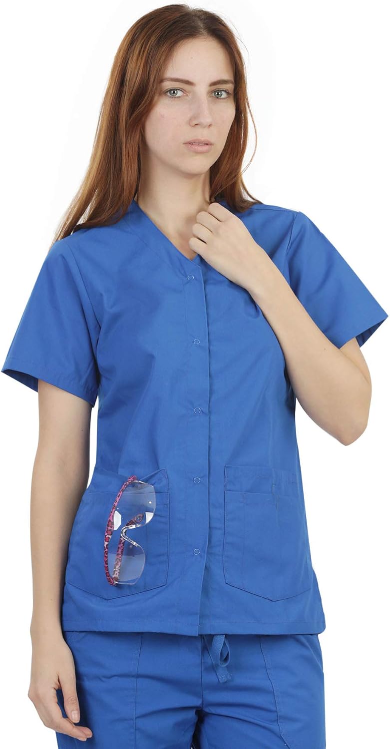 Womens VNeck SNAP Closure Scrub TOP with Short Sleeves