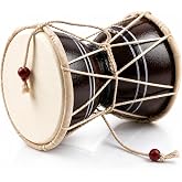 Indian Damru Hand Drum, 5 Inch Small, Wood &amp; Leather Percussion Instrument | Handmade traditional classical damroo dumroo damaru world folk musical instrument for weddings, bhajans, gifting &amp; d&eacute;cor