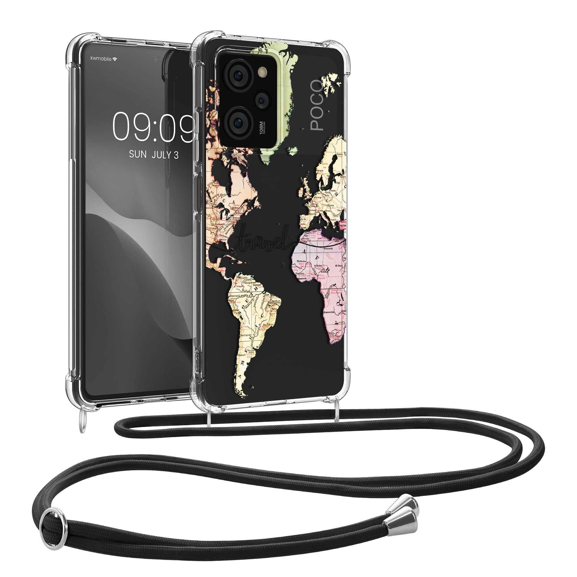 kwmobile Crossbody Case Compatible with Xiaomi Poco X5 Pro 5G Case Strap - Travel Black/Multicolor/Transparent