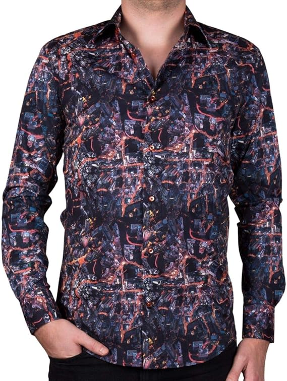 Amazon コトンドゥ Cotondoux スマートカジュアル ビジネスカジュアル 長袖シャツ 都会 アートシャツ 夜景 柄物 柄シャツ メンズ オフィス M02ad1958nightview シャツ 通販