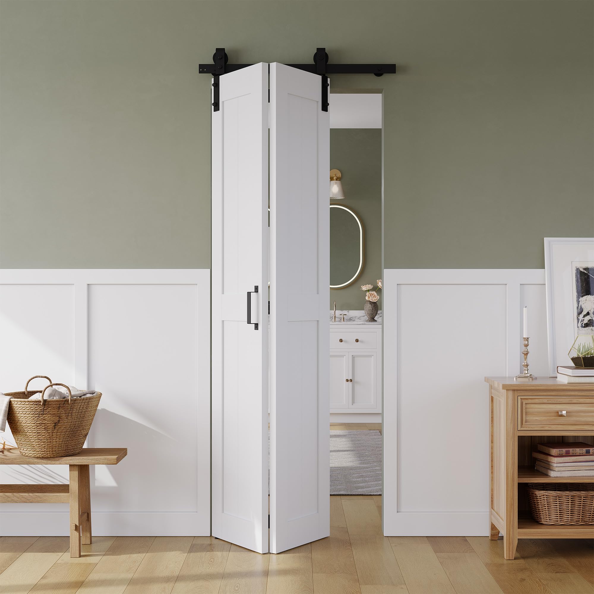 Pre-Assembled 60x96 Inch Bifold Barn Door With Frosted Glass - Solid Core MDF, Space-Saving Sliding Closet Door With Hardware Included