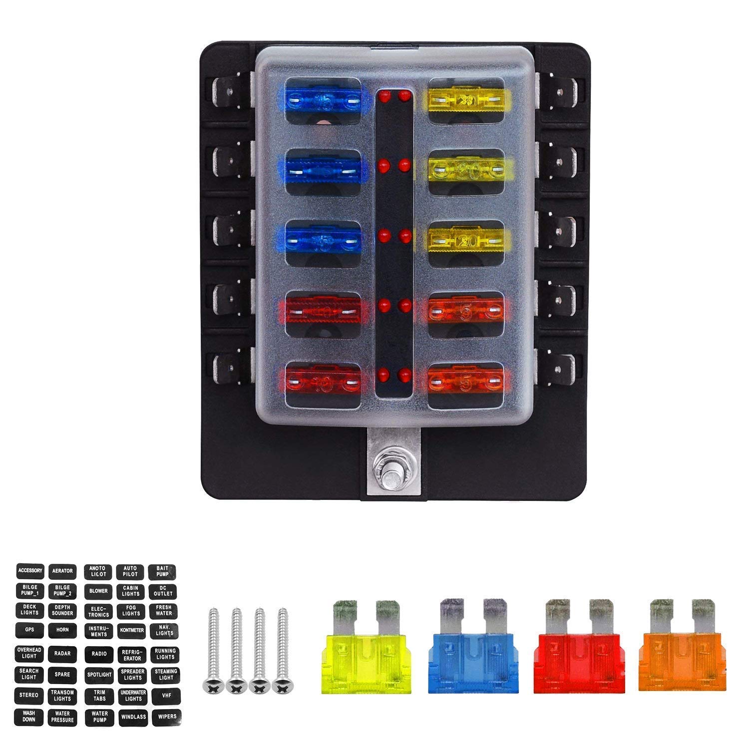 Turn Raise 10 Way Fuse Box Blade Fuse Block Holder Screw Nut Terminal 5a 10a 15a 20a Free Fuses Led Indicator Waterproof Cover For 12v 24v Automotive