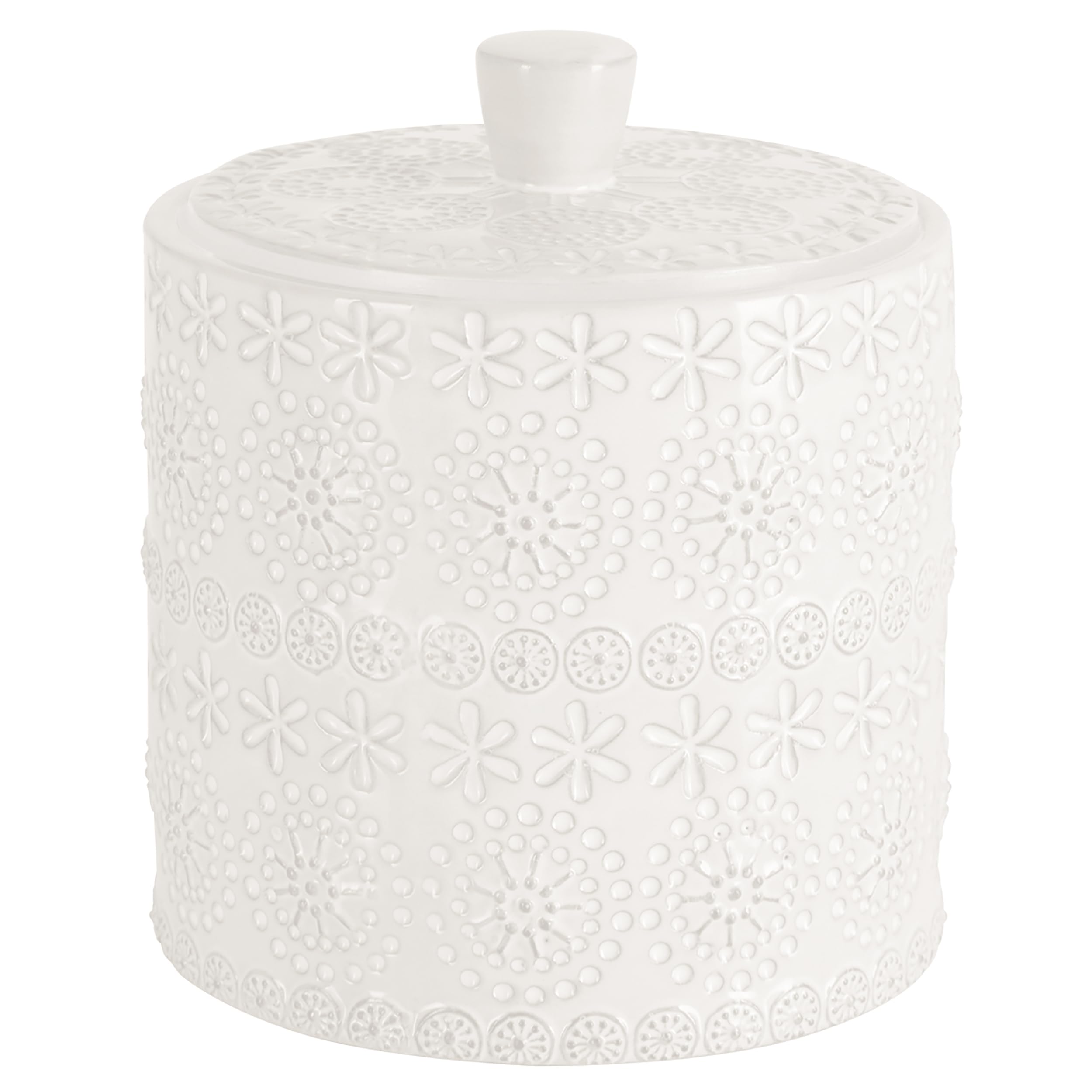 Spirella Cotton Pad Box Relief Cosmetic Organiser for Make Up and Jewellery Porcelain Cotton Pad Dispenser, Small Cotton Bud Dispenser Made of Plastic, Round Cotton Pads Storage with Lid, White — image 1