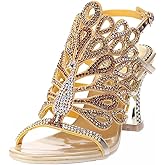 Honeystore Women's Rhinestone Peacock Patterned Handmade Sandals with Chunky Heel