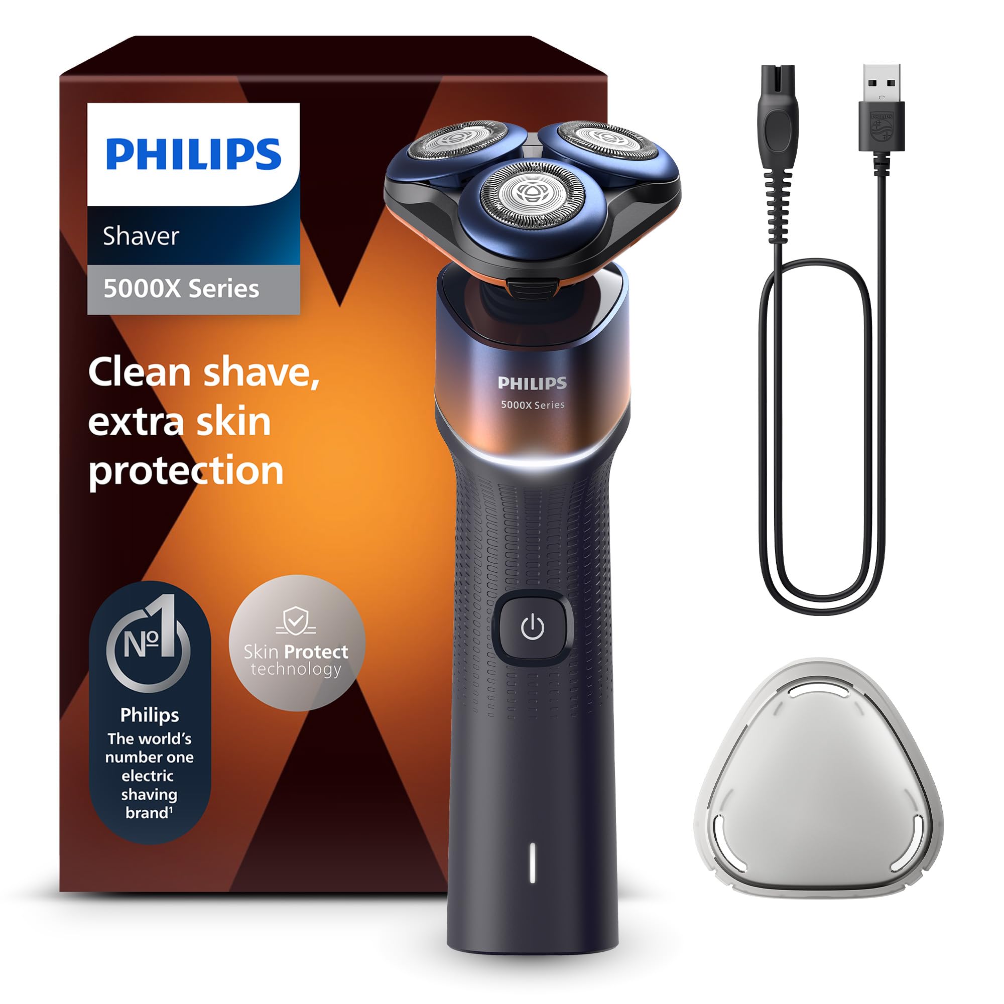 Philips 5000X Series - Rasoir électrique 100 pourcent étanche, Technologie SkinProtect, Tête flexible à 360°, Charge rapide, Capot de protection, Orange, modèle X5012/00