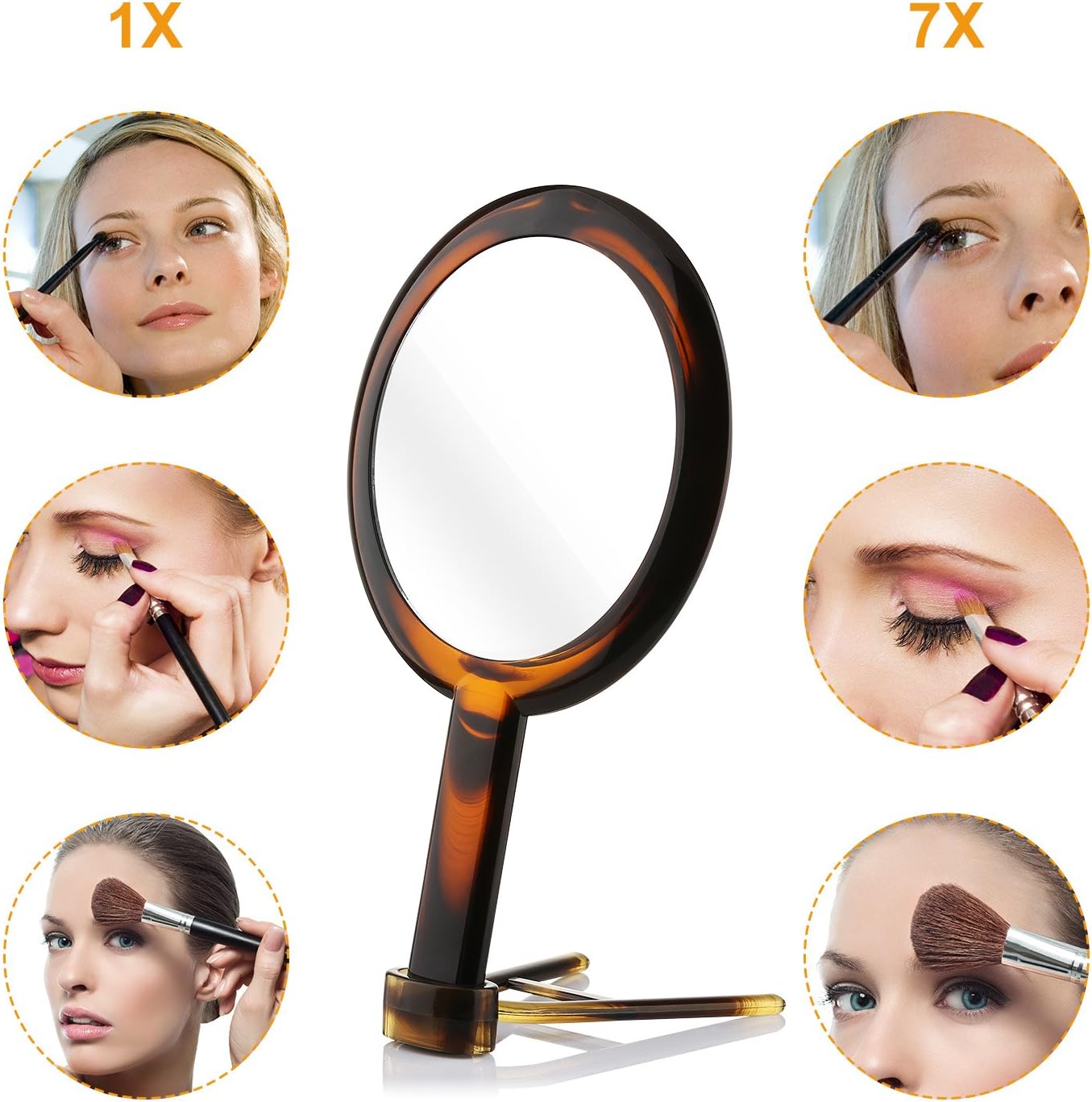 Beautifive Hand Mirror, Hand Held Mirrors with Adjustable Handle，1x/7x Magnifying Double Sided Handheld Makeup Mirror with Stand for Vanity Beauty Travel Table Desk Shaving Bathroom (AmberNEW): Furniture & Decor