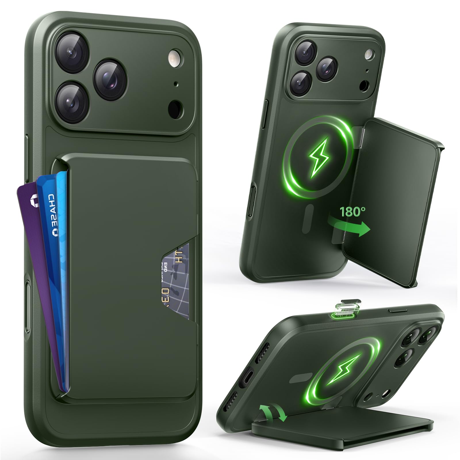 for iPhone 17 Pro Max Case with Card Holder & Kickstand [Compatible with MagSafe][Camera Control][Full Camera Protection] Card Slot Rugged Shockproof Protective Wallet Case for 17 Pro Max 6.9'', Green