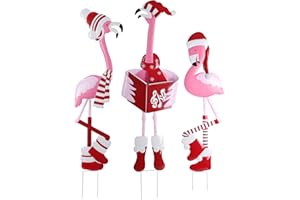 Haute Decor Outdoor Christmas Caroling Flamingos Trio Yard Decor - Sturdy Weatherproof Metal Construction, 3 Holiday Flamingos, Yard Stakes Included